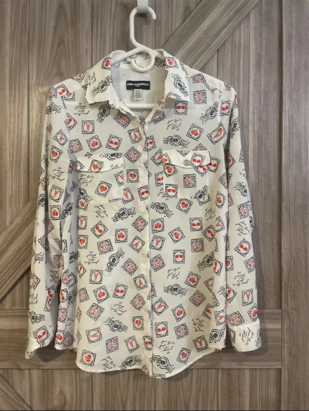 Karl Lagerfeld Cream Button-Up Shirt with Red & Black Stamp Print